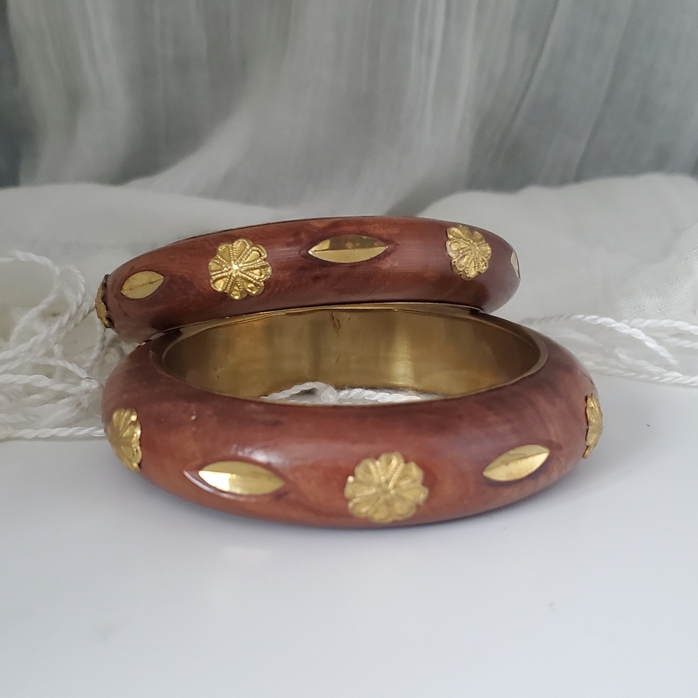 Pair of Brass-Lined Wood Bangles w/Brass Accents